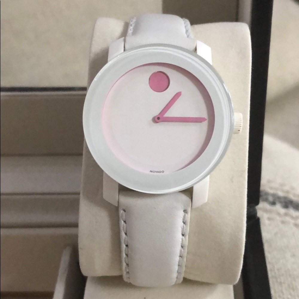 White Movado watch with pink detailing